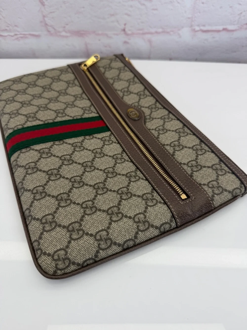 Gucci GG Supreme Ophidia Canvas Pouch Clutch with Web Stripe - Brown/Tan - Picture 9 of 14